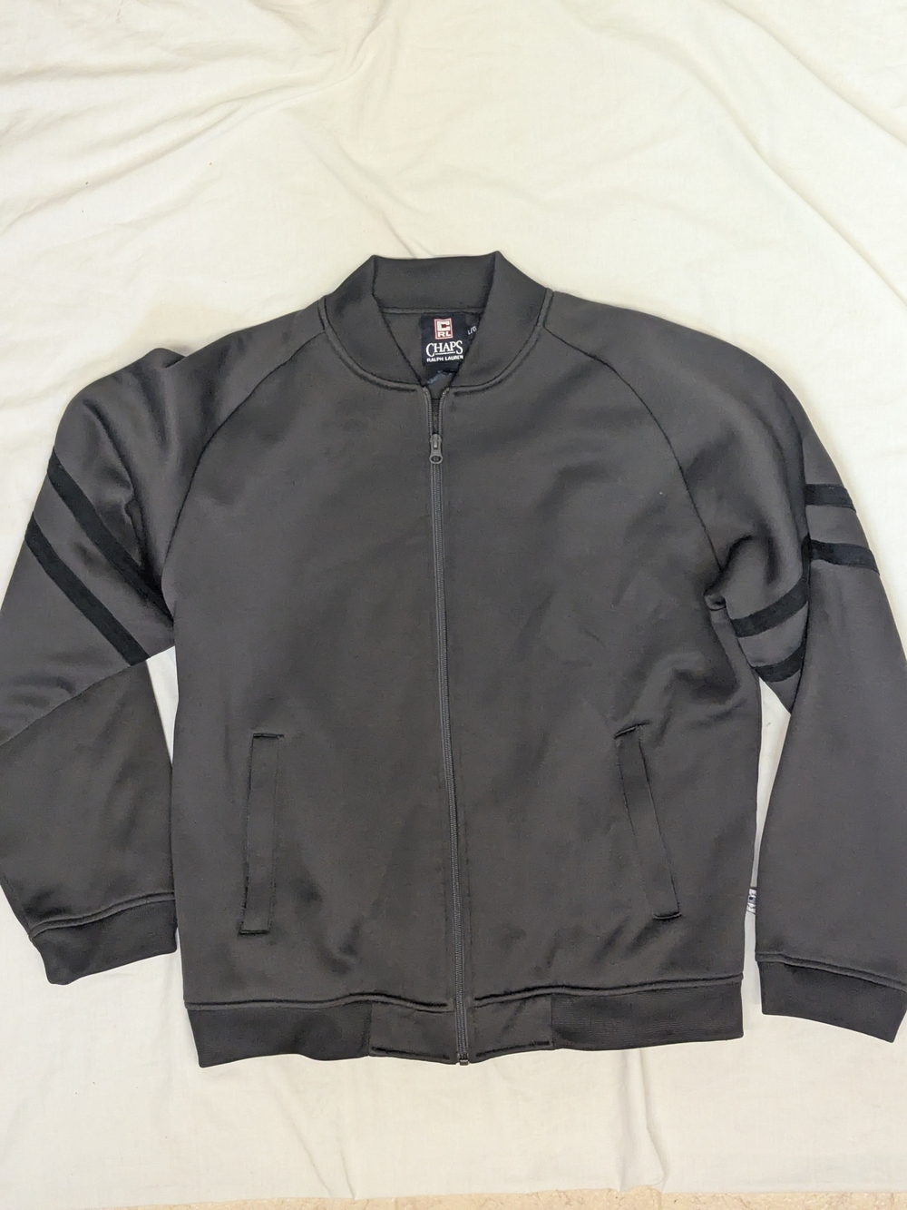Vintage Chaps Ralph Lauren Grey Men's Full-Zip Bomber with Sleeve Stripes